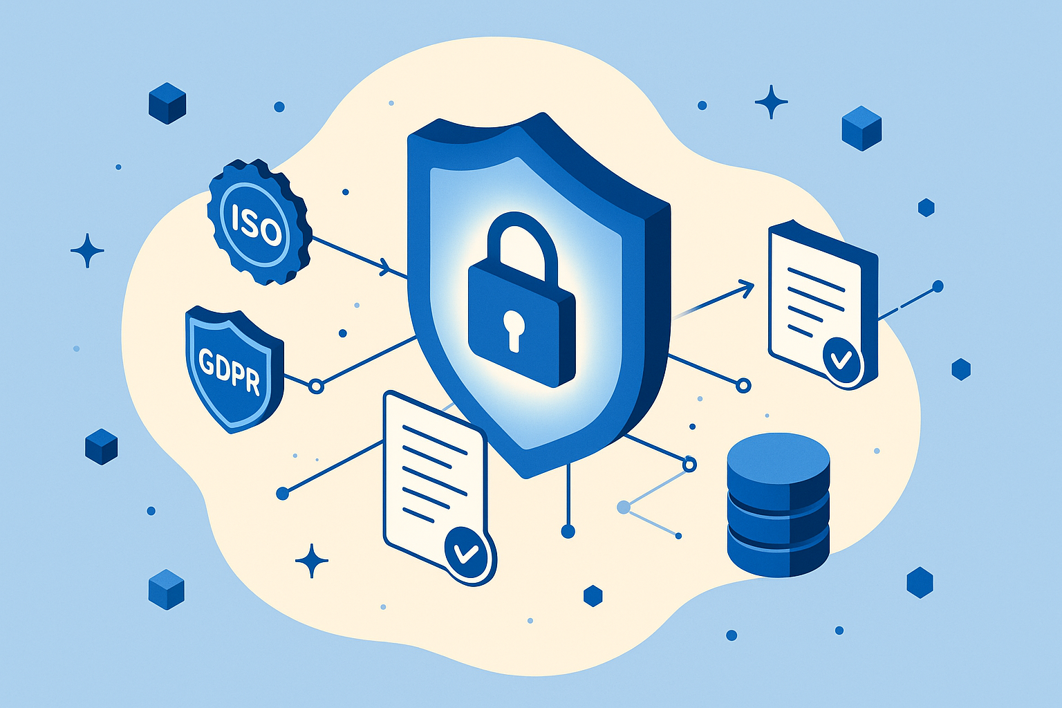 Abstract isometric illustration representing a trust center - a secure portal with compliance documents, certifications, and shield iconography in monochromatic blue tones